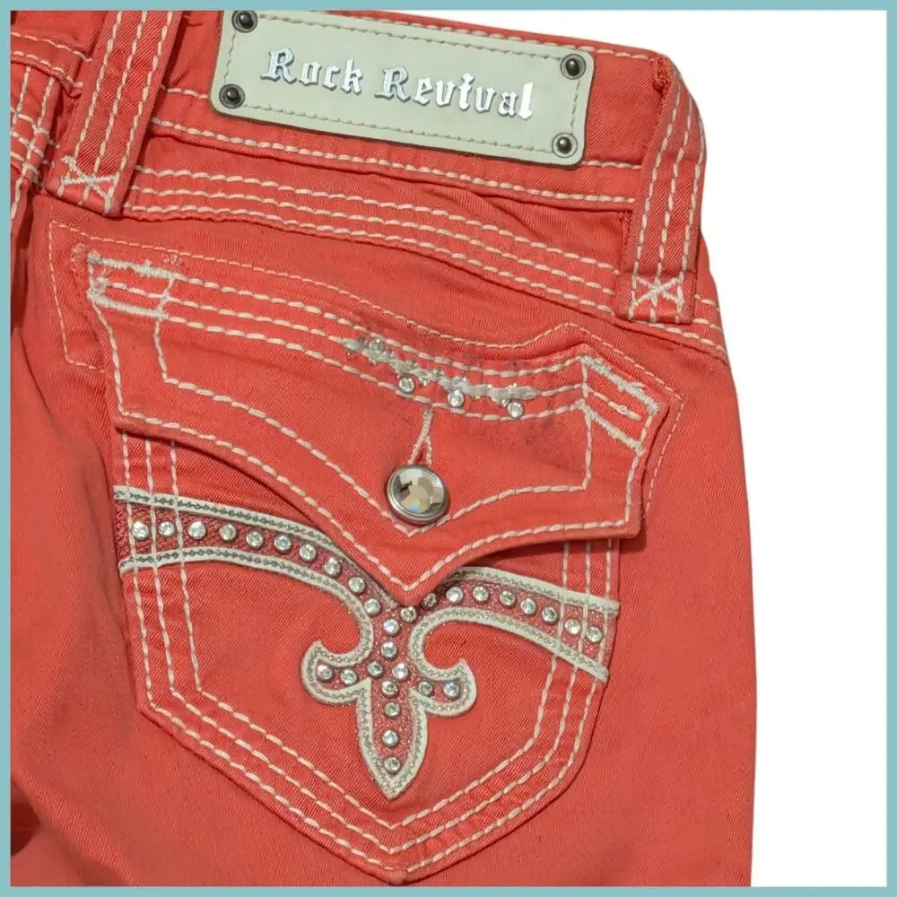 ROCK REVIVAL Scarlett Low Rise Rhinestone Flap Pocket Capri Women's 26 Y2K Bling